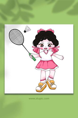 六一儿童节粉色打羽毛球卡通人物元素插画