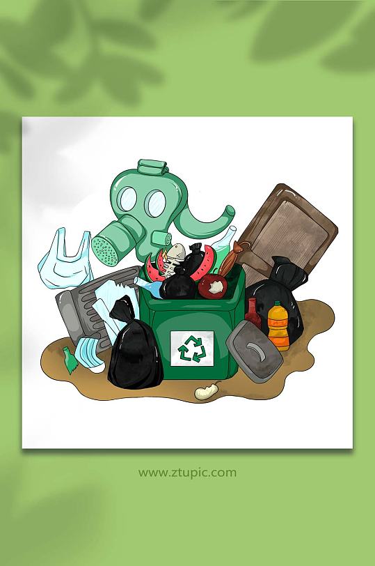 手绘卡通垃圾污染环保插画素材-众图网