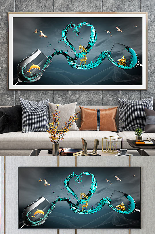 高脚杯蝴蝶帆船餐厅金箔画-众图网