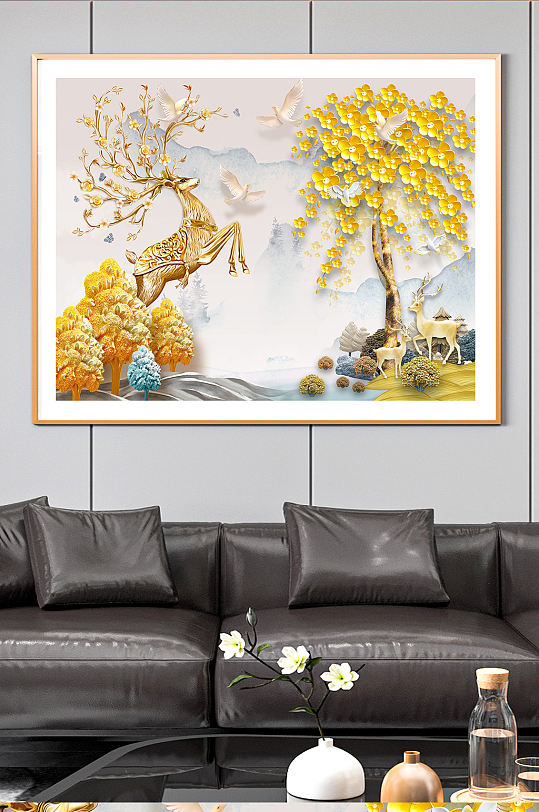 麋鹿发财鹿山水装饰画