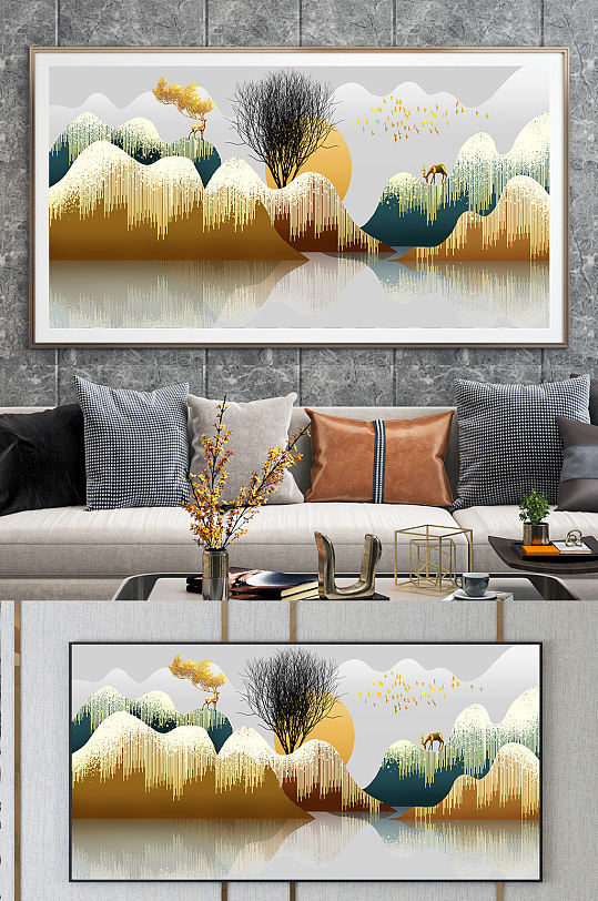 金色麋鹿意境山水装饰画-众图网