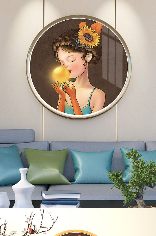 儿童少女卡通圆形装饰画