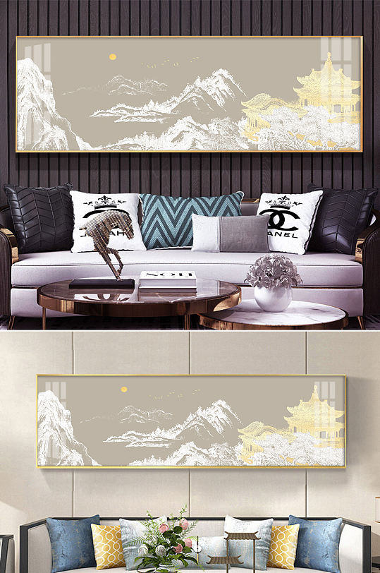 中式金色线条山水床头画