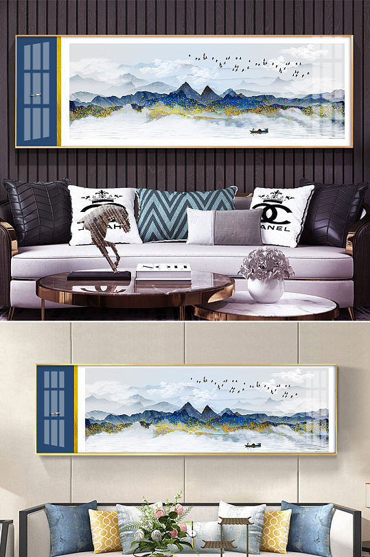 抽象金色山水水墨床头画-众图网