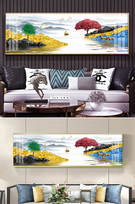 帆船發(fā)財樹金色山水裝飾畫