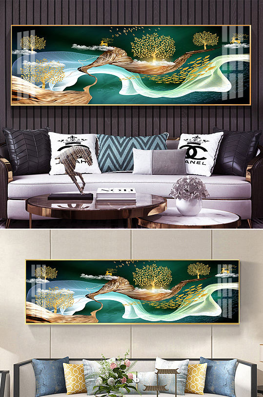 麋鹿发财树金色山水装饰画-众图网