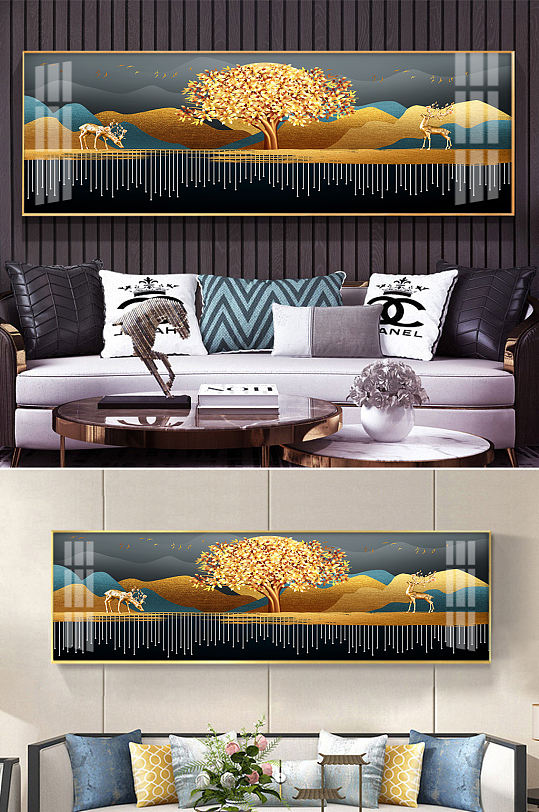 麋鹿发财树金色山水装饰画-众图网