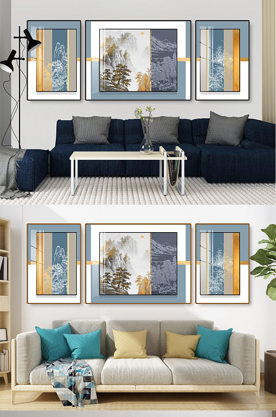 新中式线条山水金色装饰画-众图网