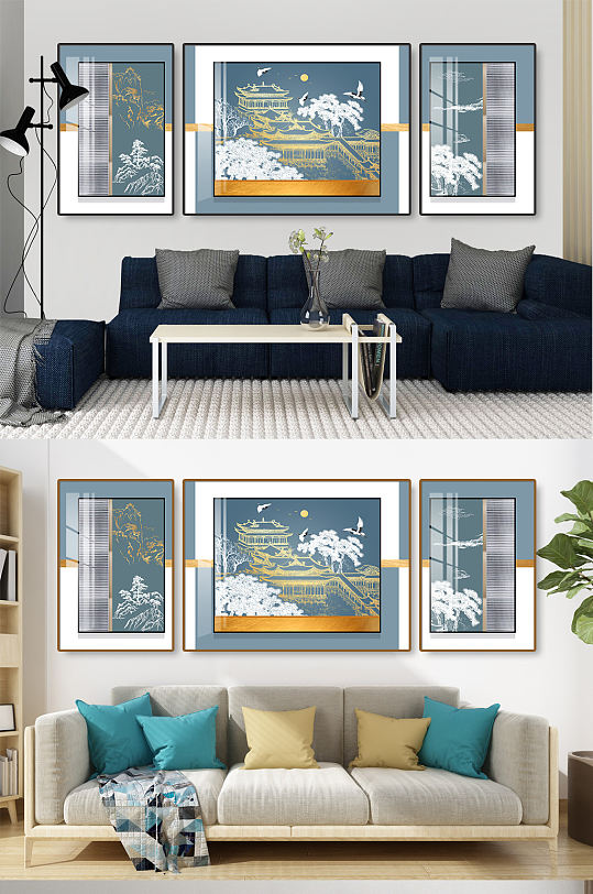 新中式线条山水金色装饰画-众图网