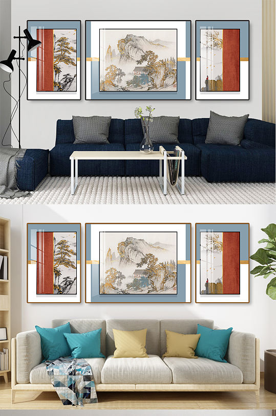 新中式线条山水金色装饰画-众图网