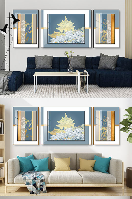 新中式线条山水金色装饰画-众图网