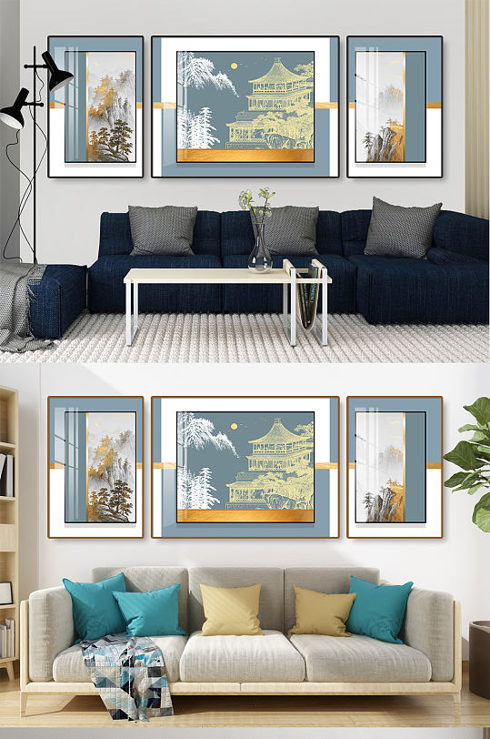 新中式线条山水金色装饰画-众图网