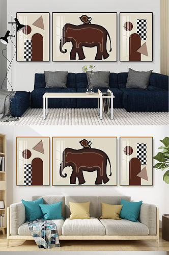 抽象大象几何三联装饰画