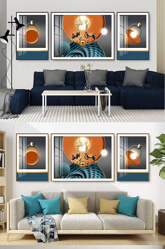 抽象发财鹿立体几何三联装饰画-众图网