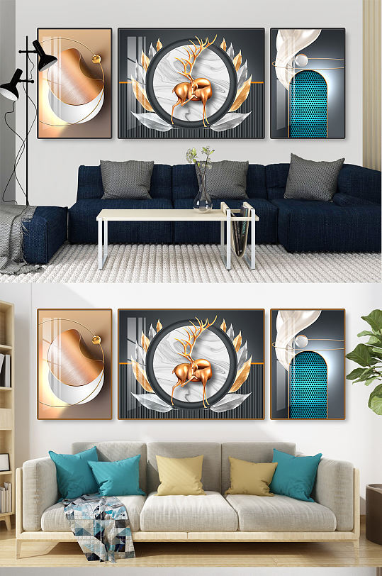 抽象麋鹿立体几何三联装饰画-众图网