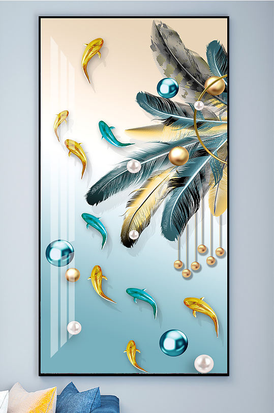 羽毛九鱼图年年有鱼几何装饰画-众图网