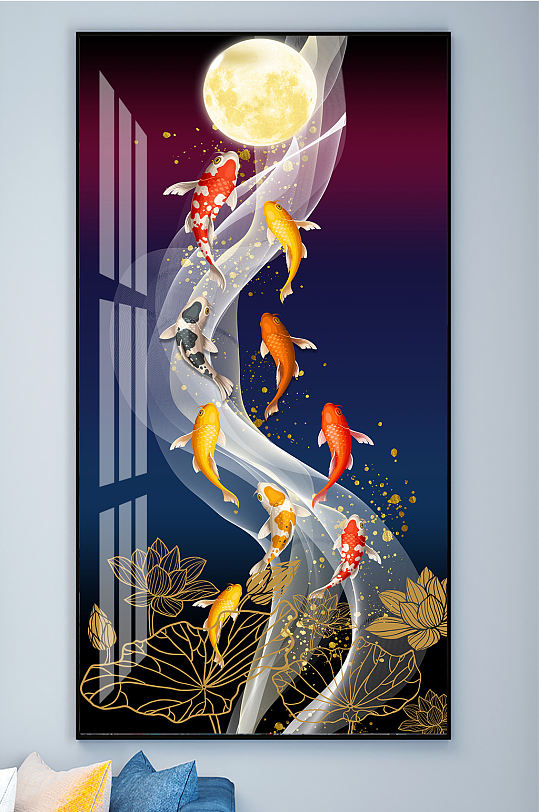 九鱼图飘带荷花装饰画-众图网