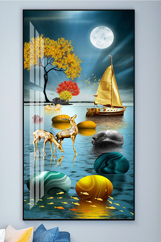 麋鹿山水石来运转装饰画玄关