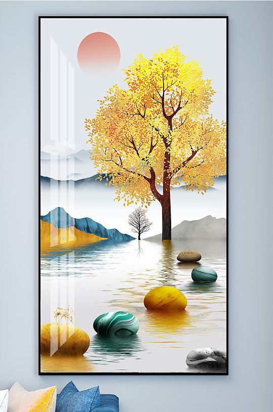 麋鹿山水石来运转装饰画玄关