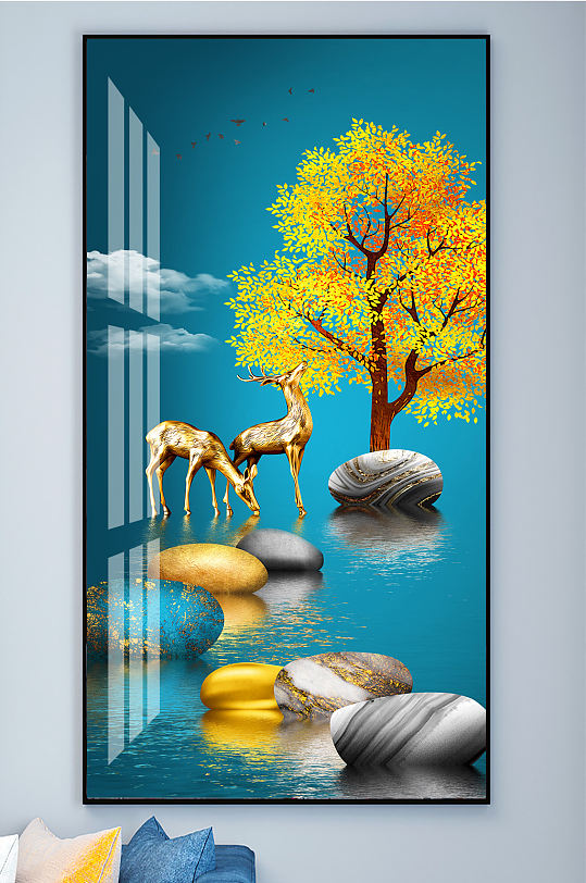 麋鹿山水石来运转装饰画玄关