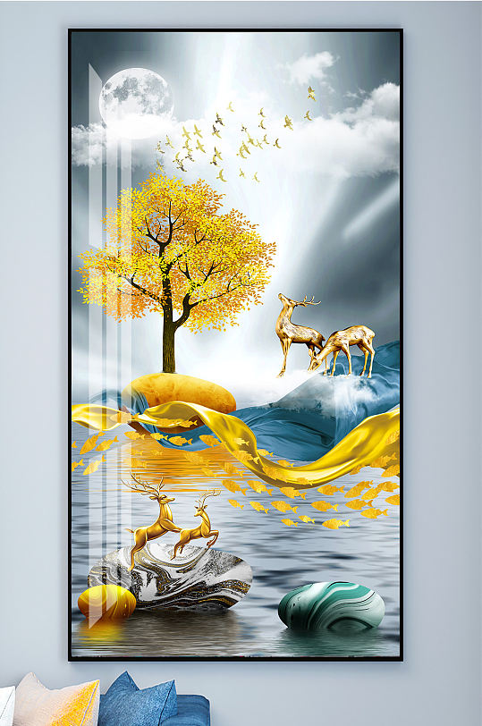 麋鹿山水石来运转装饰画玄关-众图网