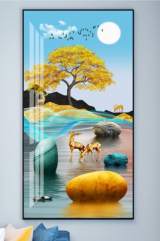 麋鹿山水石来运转装饰画玄关-众图网