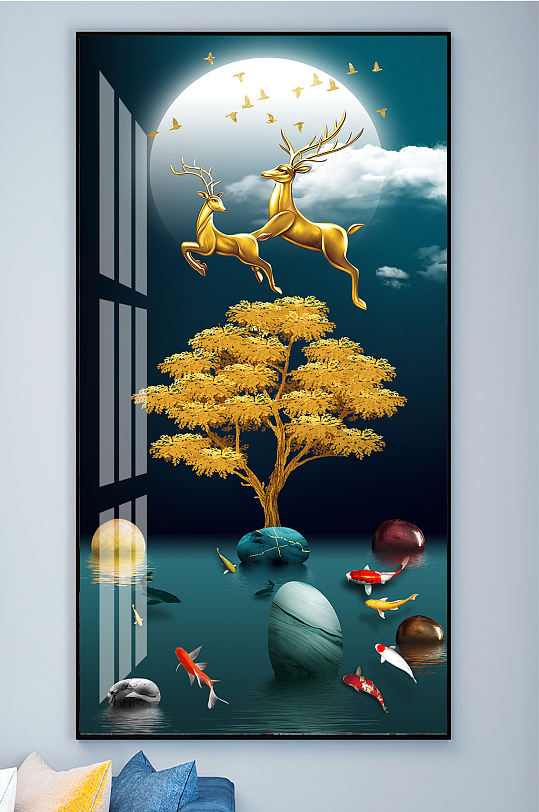 麋鹿山水石来运转装饰画玄关-众图网