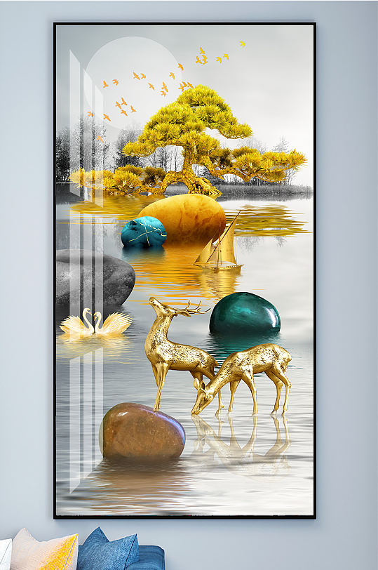 麋鹿山水石来运转装饰画玄关