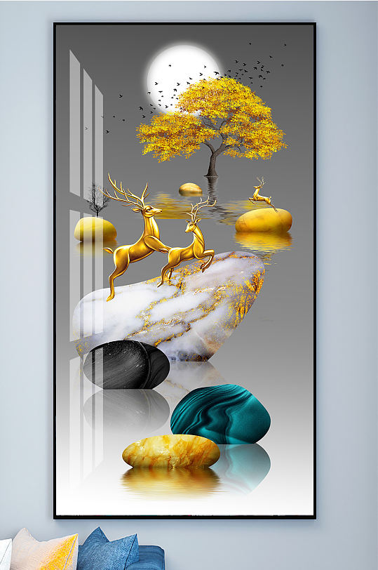 麋鹿山水石来运转装饰画玄关