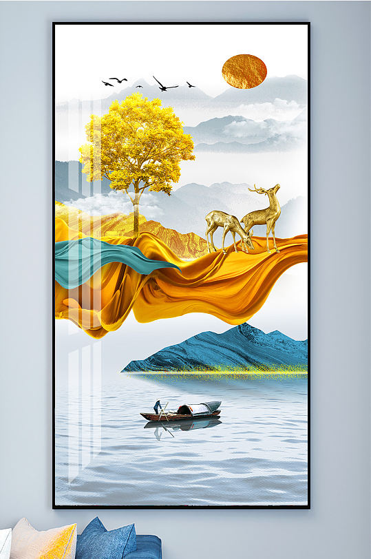 麋鹿山水石来运转装饰画玄关-众图网