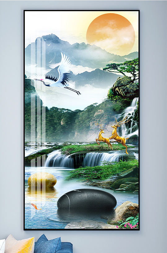 麋鹿山水石来运转装饰画玄关-众图网
