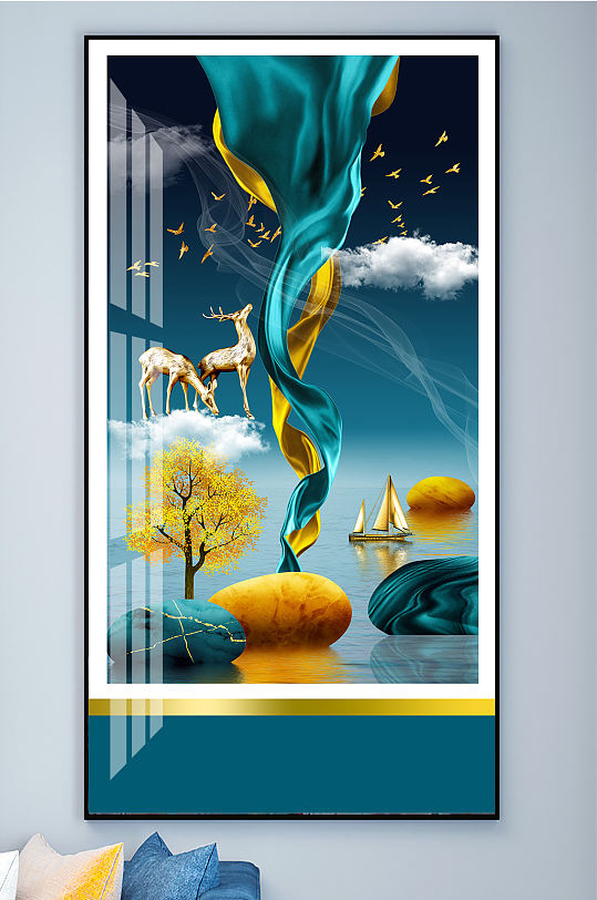 麋鹿山水石来运转装饰画玄关-众图网