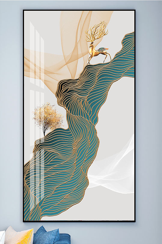 线条麋鹿山水装饰画玄关-众图网