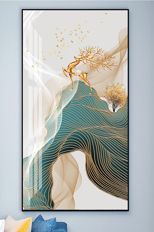 线条麋鹿山水装饰画玄关-众图网