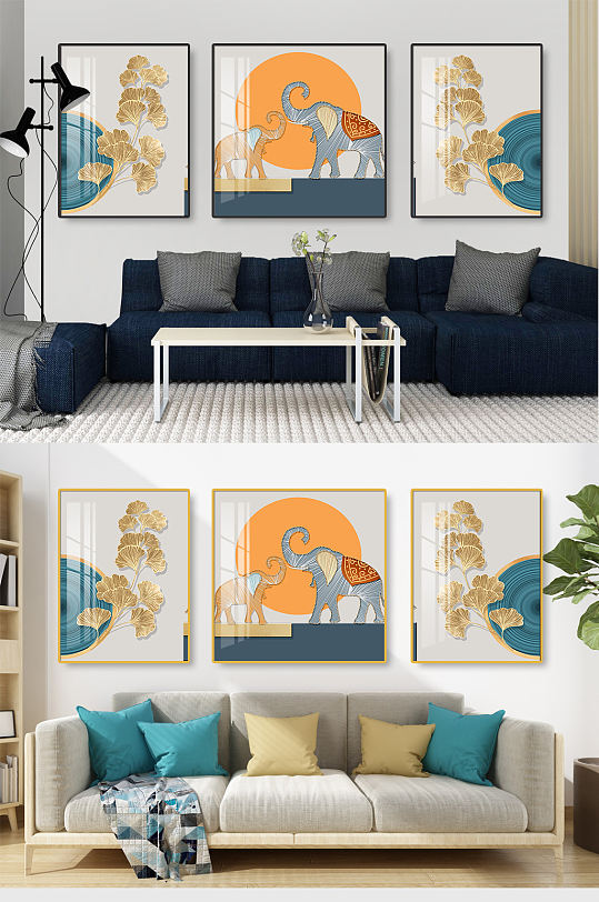 金色大象银杏叶发财叶装饰画