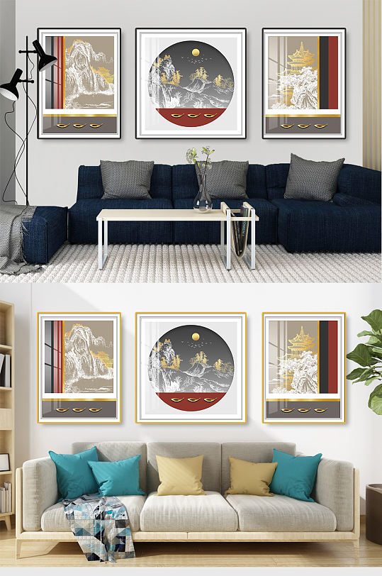 中式山水线条国画装饰画-众图网