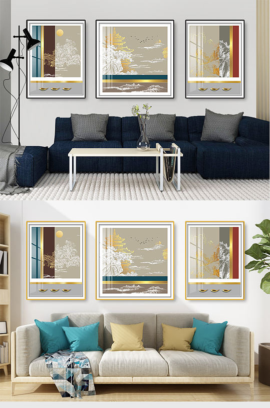 中式山水线条国画装饰画-众图网