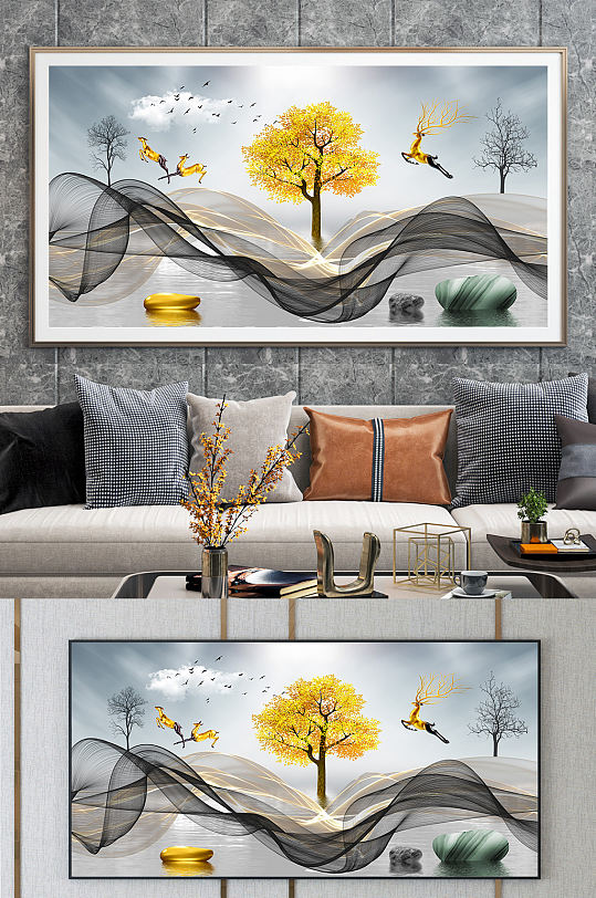 金色麋鹿发财鹿装饰画-众图网