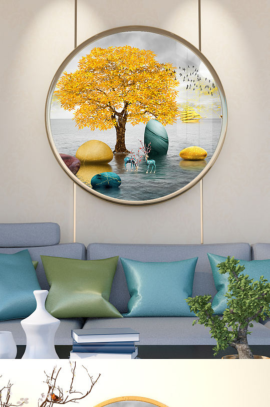 石来运转金色麋鹿发财鹿晶瓷画