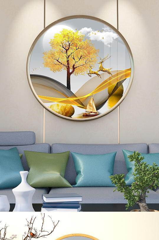 发财树飘带麋鹿发财鹿晶瓷画