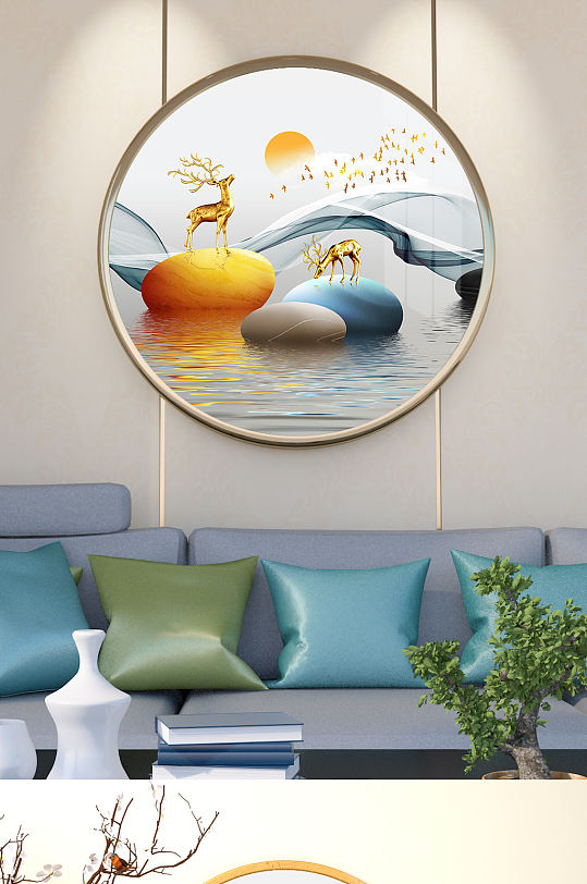 石来运转麋鹿发财鹿晶瓷画