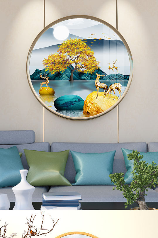 发财树转运石麋鹿发财鹿晶瓷画