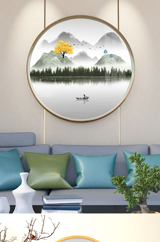 意境禅意山水发财树装饰画-众图网