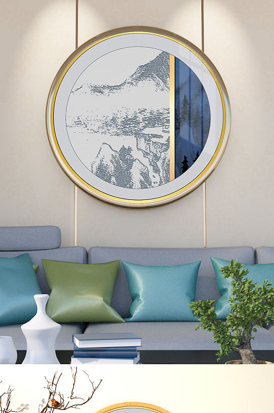 中式山水线条国画装饰画-众图网