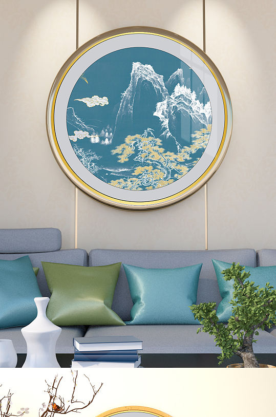 中式山水线条松树装饰画-众图网