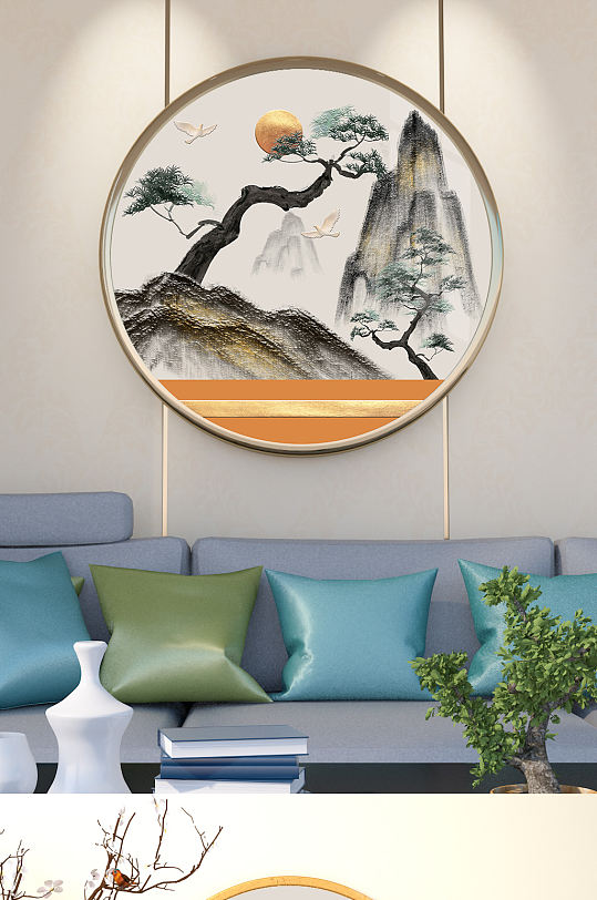 中式山水线条装饰画-众图网