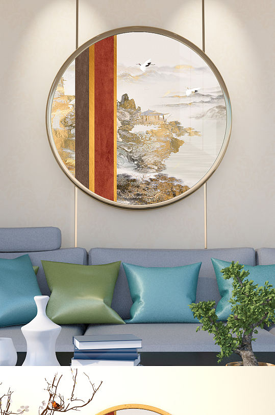 中式山水金色线条国画装饰画-众图网