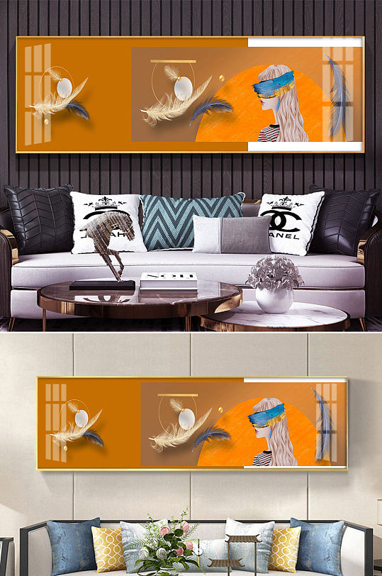 抽象美女羽毛几何图形装饰画-众图网