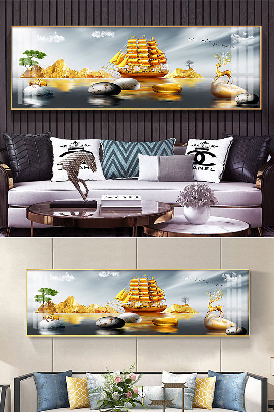 金色帆船一帆风顺麋鹿发财鹿晶瓷画-众图网