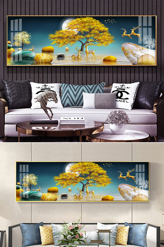 金色麋鹿山水发财鹿装饰画-众图网